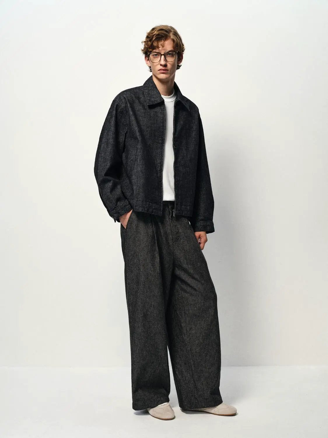 Charcoal Cropped Boxy Zip-Front Long Sleeve Denim Jacket