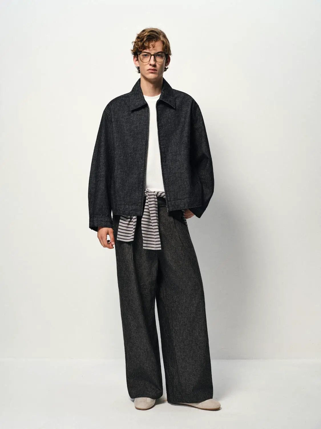 Charcoal Cropped Boxy Zip-Front Long Sleeve Denim Jacket
