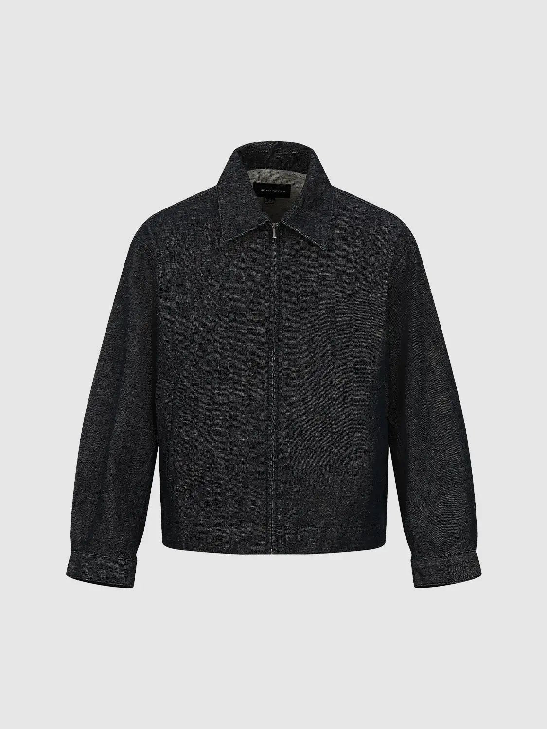 Charcoal Cropped Boxy Zip-Front Long Sleeve Denim Jacket