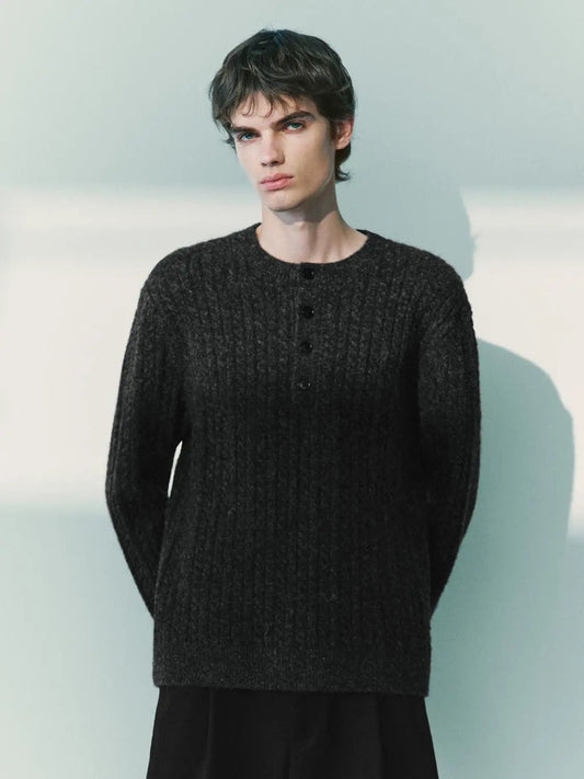 Ribbed Crew Neck Button Detail Long Sleeve Sweater