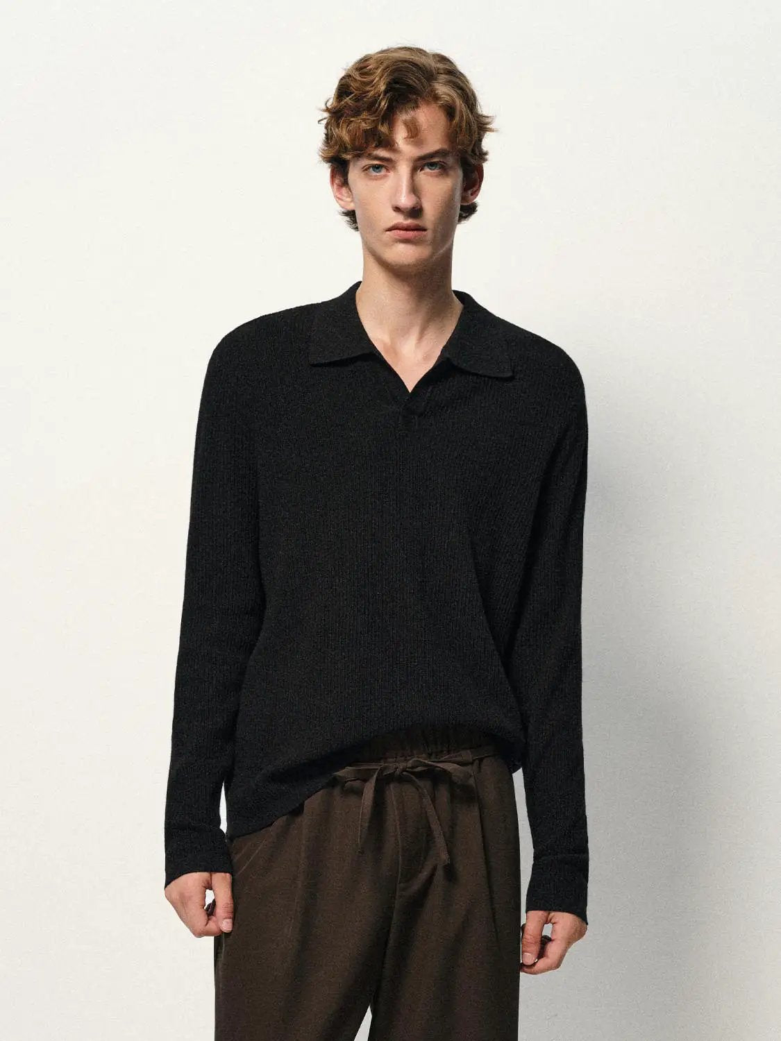 Ribbed Knit Polo Collar Long Sleeve Sweater