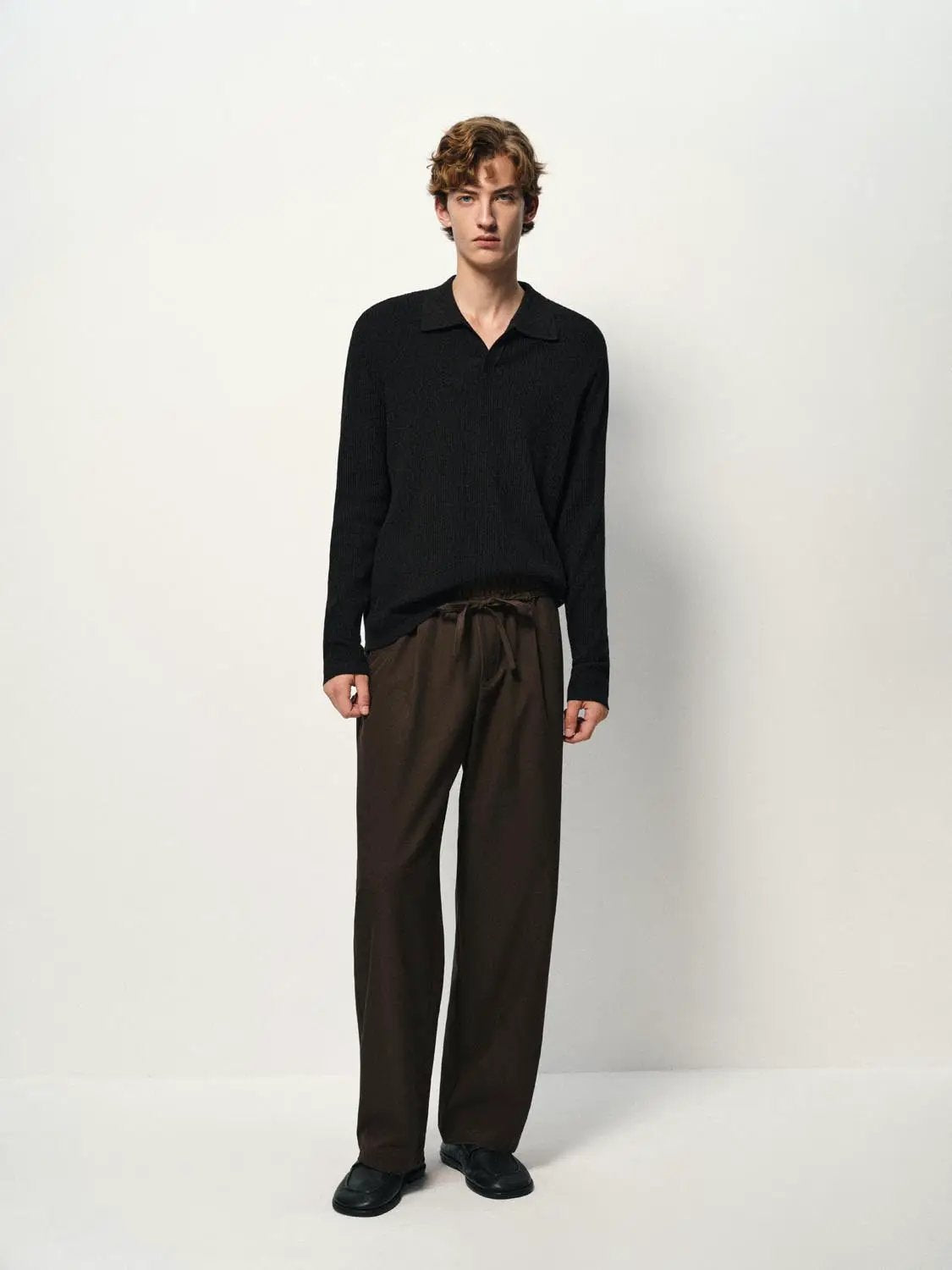 Ribbed Knit Polo Collar Long Sleeve Sweater