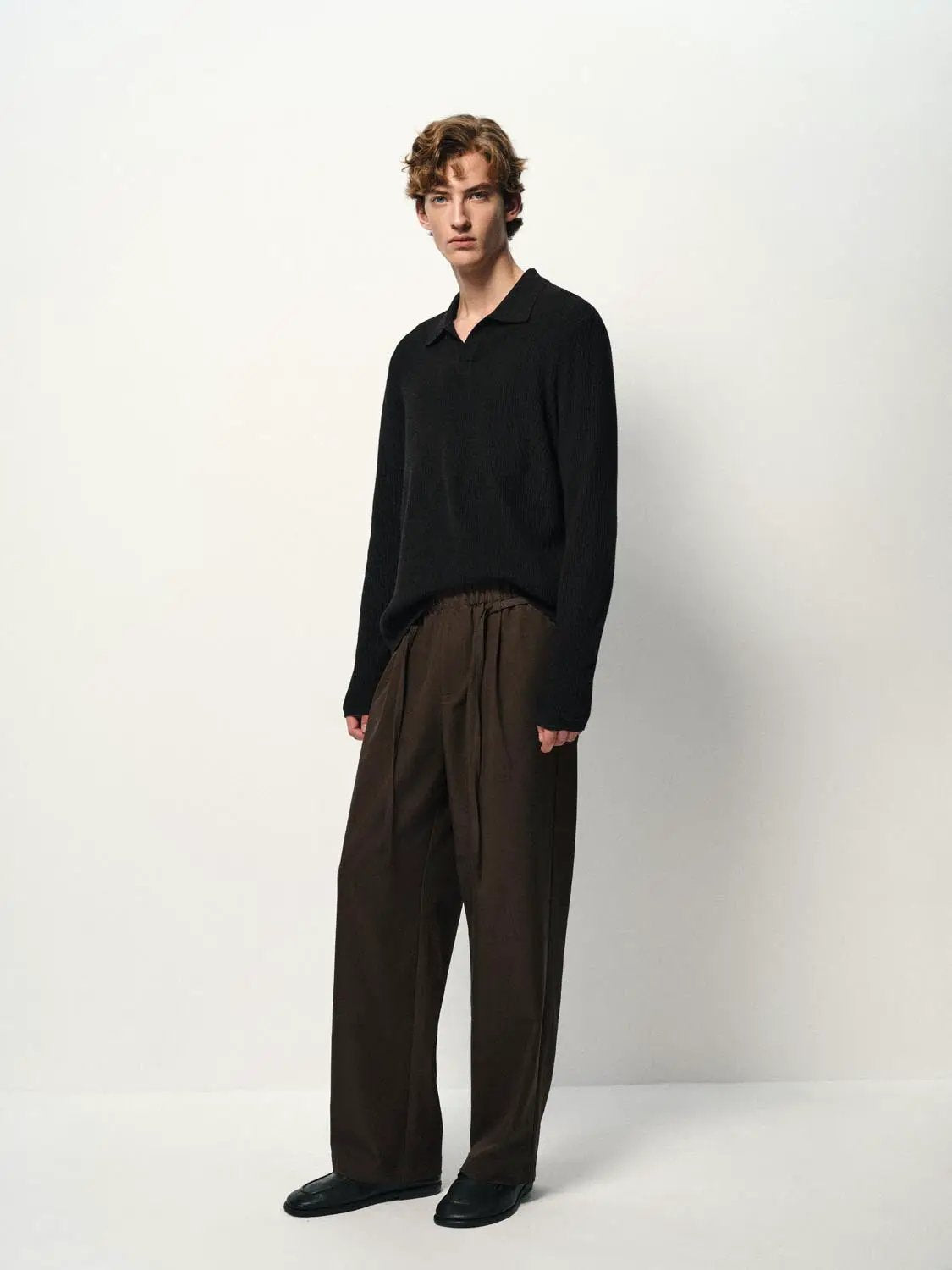 Ribbed Knit Polo Collar Long Sleeve Sweater