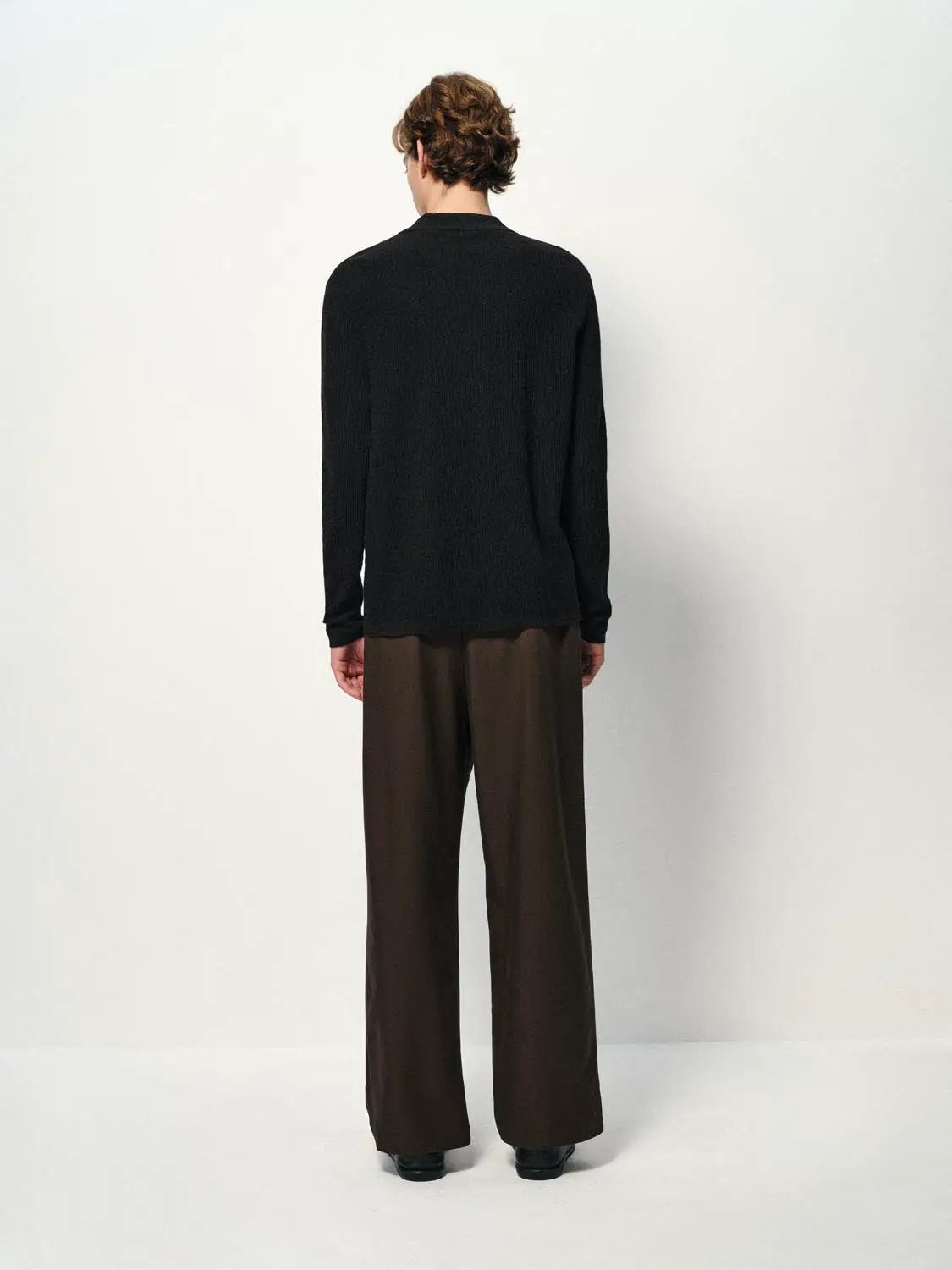 Ribbed Knit Polo Collar Long Sleeve Sweater