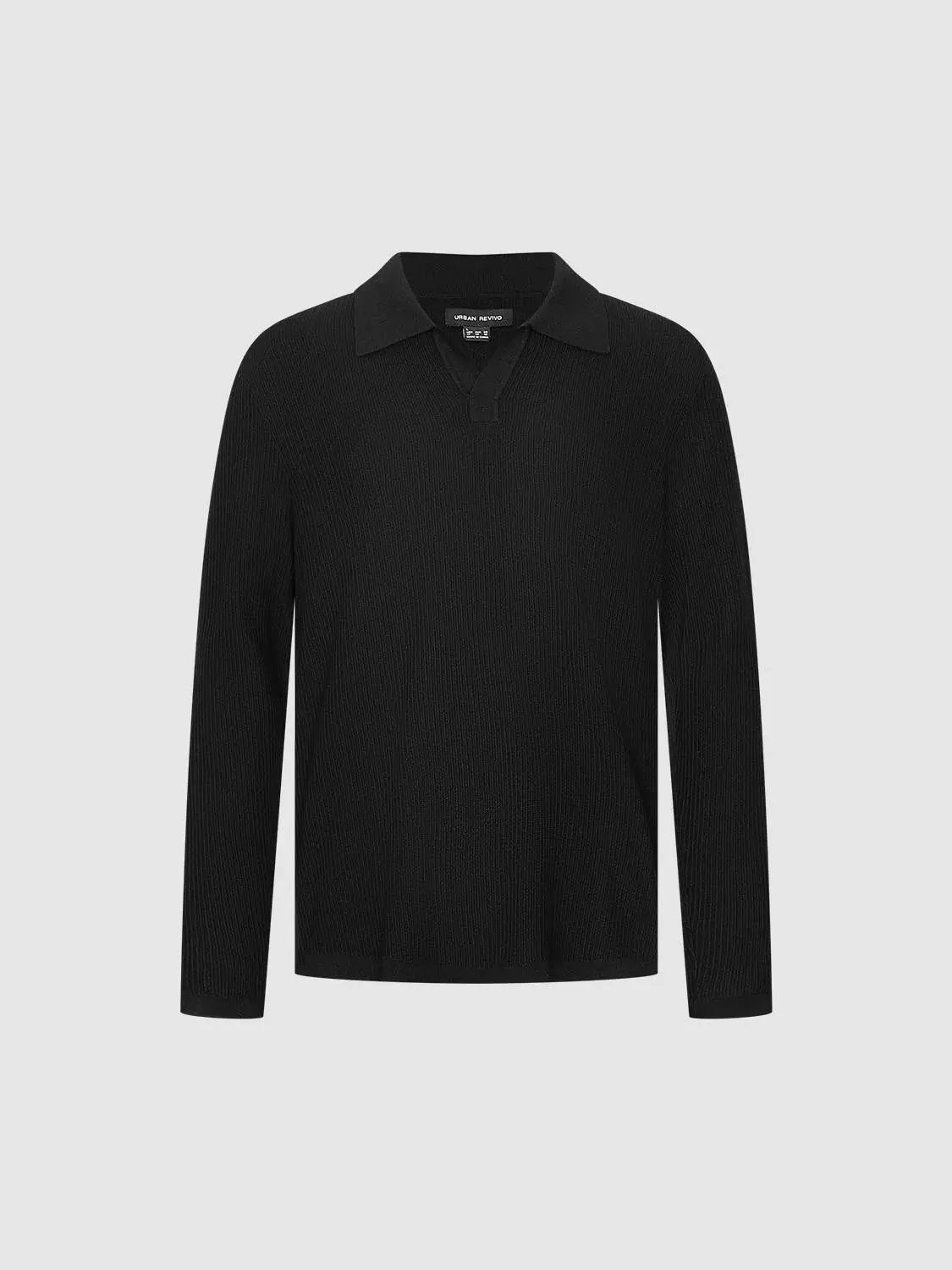Ribbed Knit Polo Collar Long Sleeve Sweater