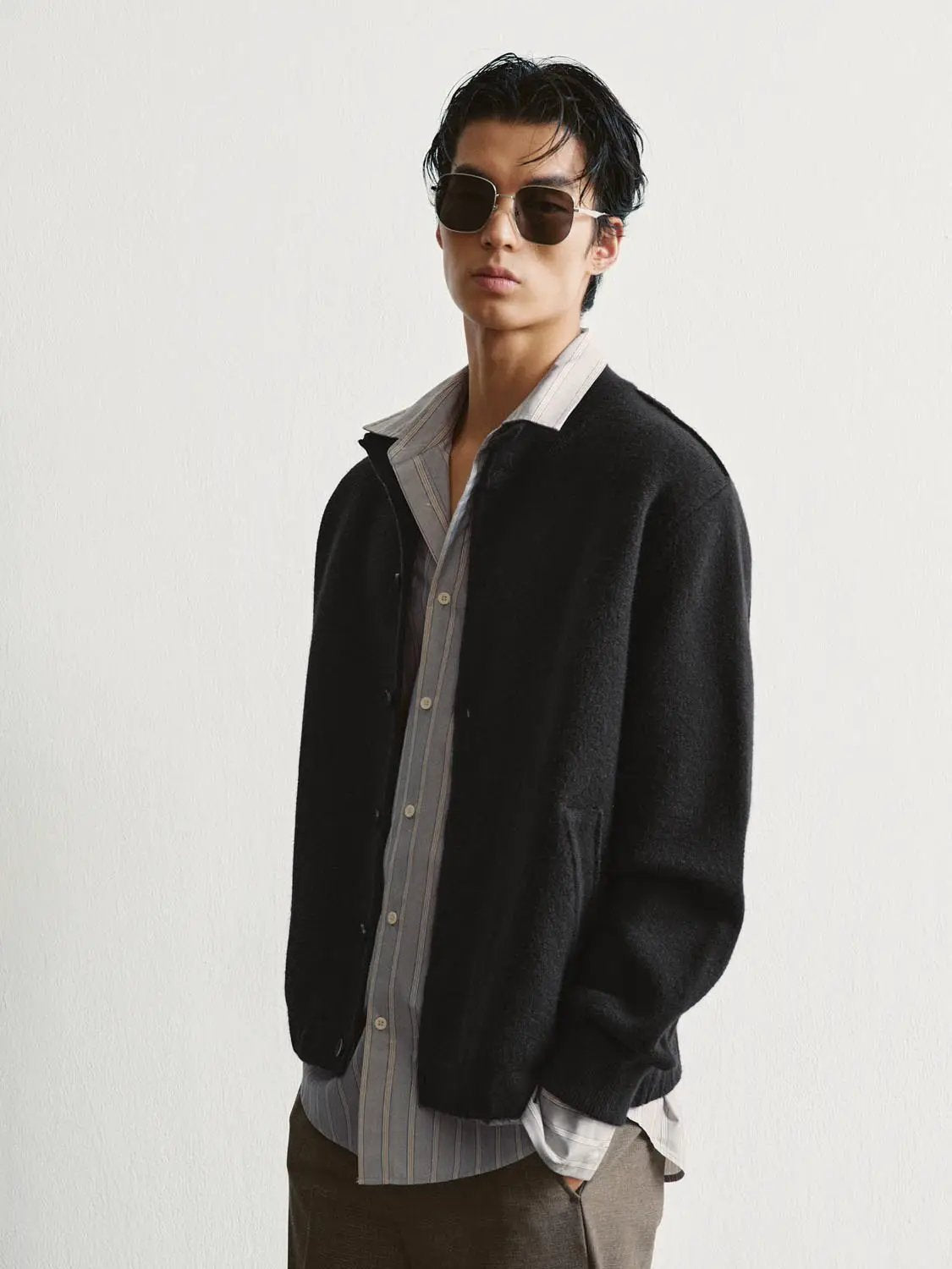 Textured Button Front Stand Collar Long Sleeve Knit Jacket