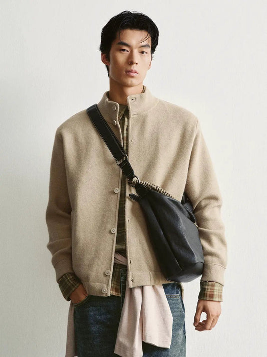 Textured Button Front Stand Collar Long Sleeve Knit Jacket