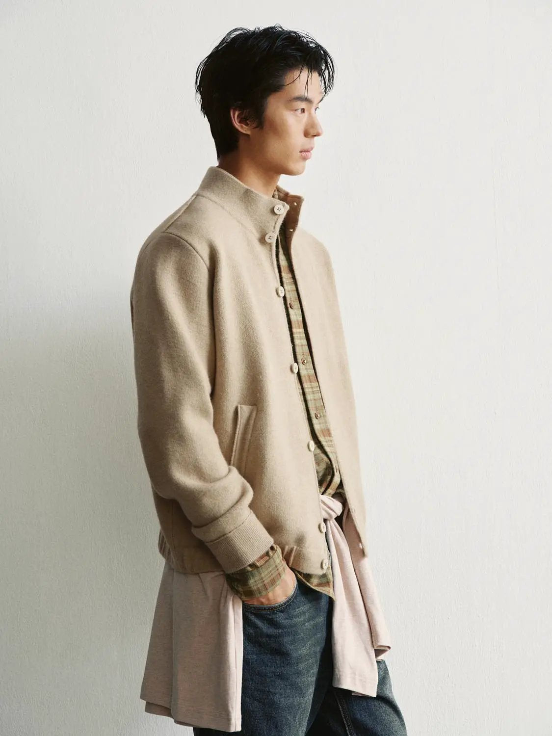 Textured Button Front Stand Collar Long Sleeve Knit Jacket