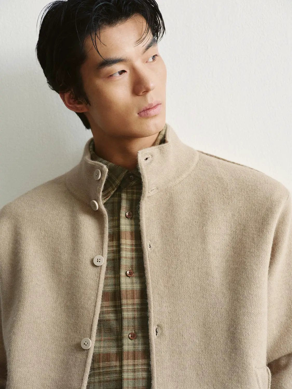 Textured Button Front Stand Collar Long Sleeve Knit Jacket