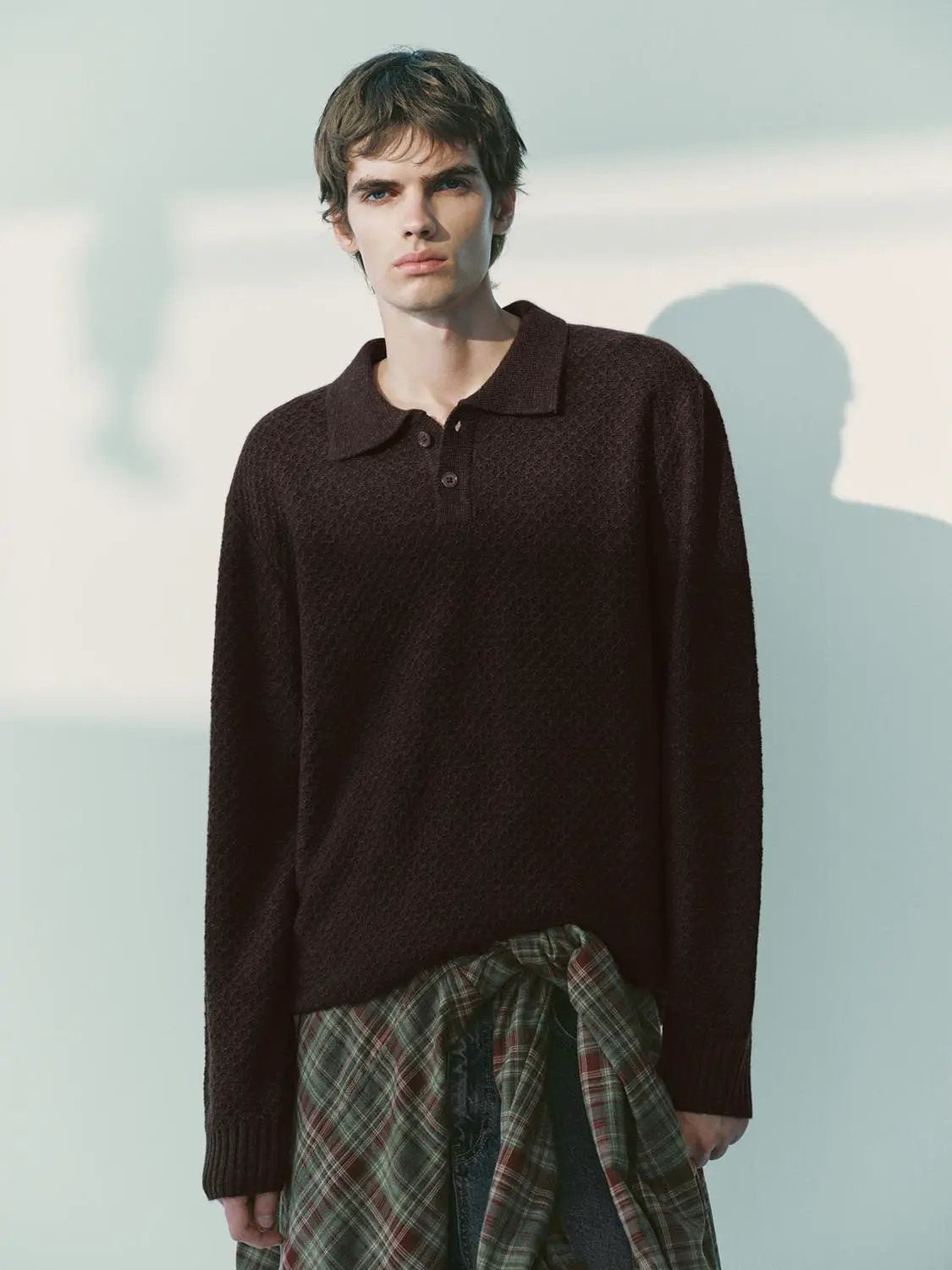 Textured Long Sleeve Polo Collar Knit Sweater