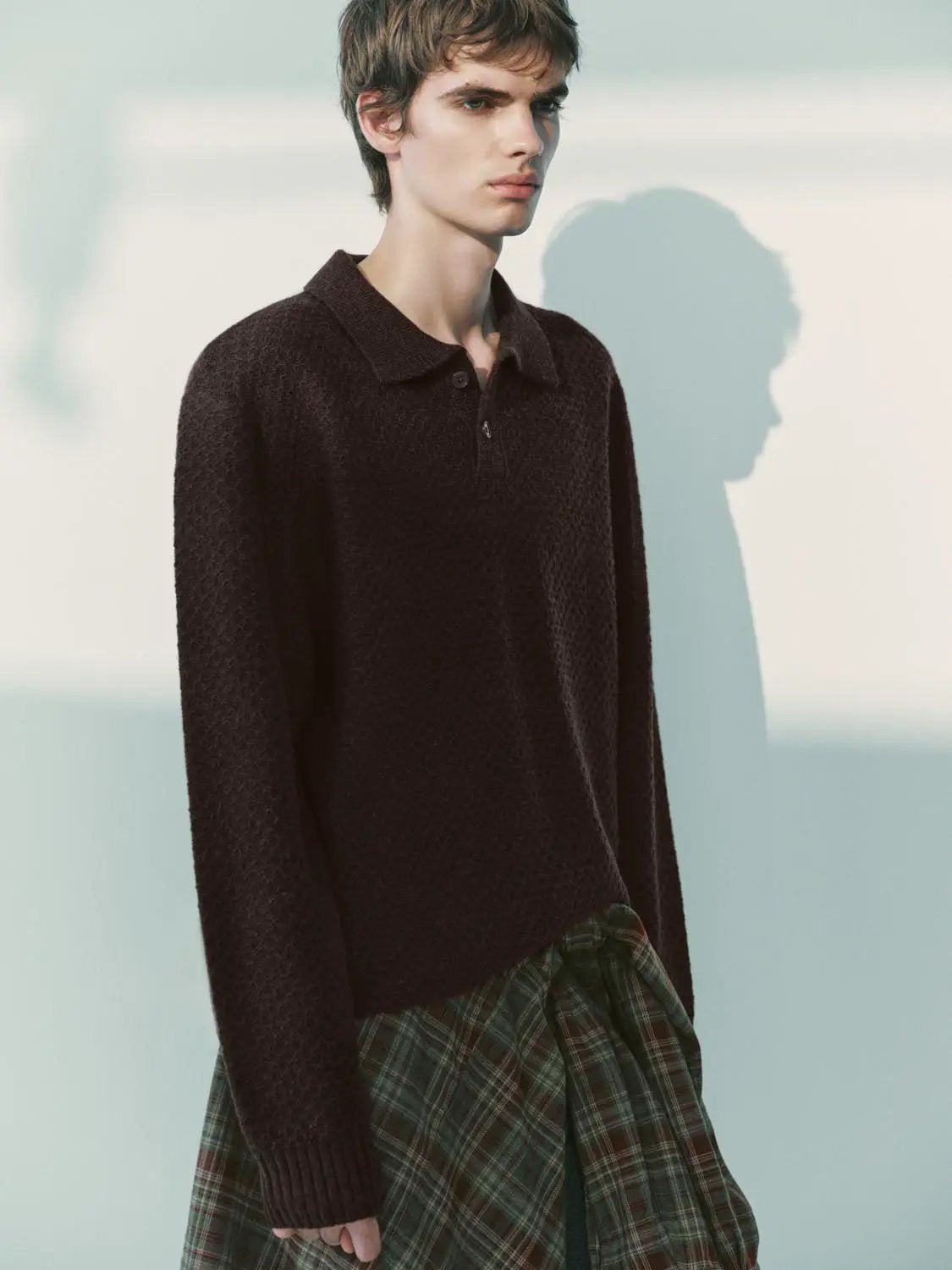 Textured Long Sleeve Polo Collar Knit Sweater