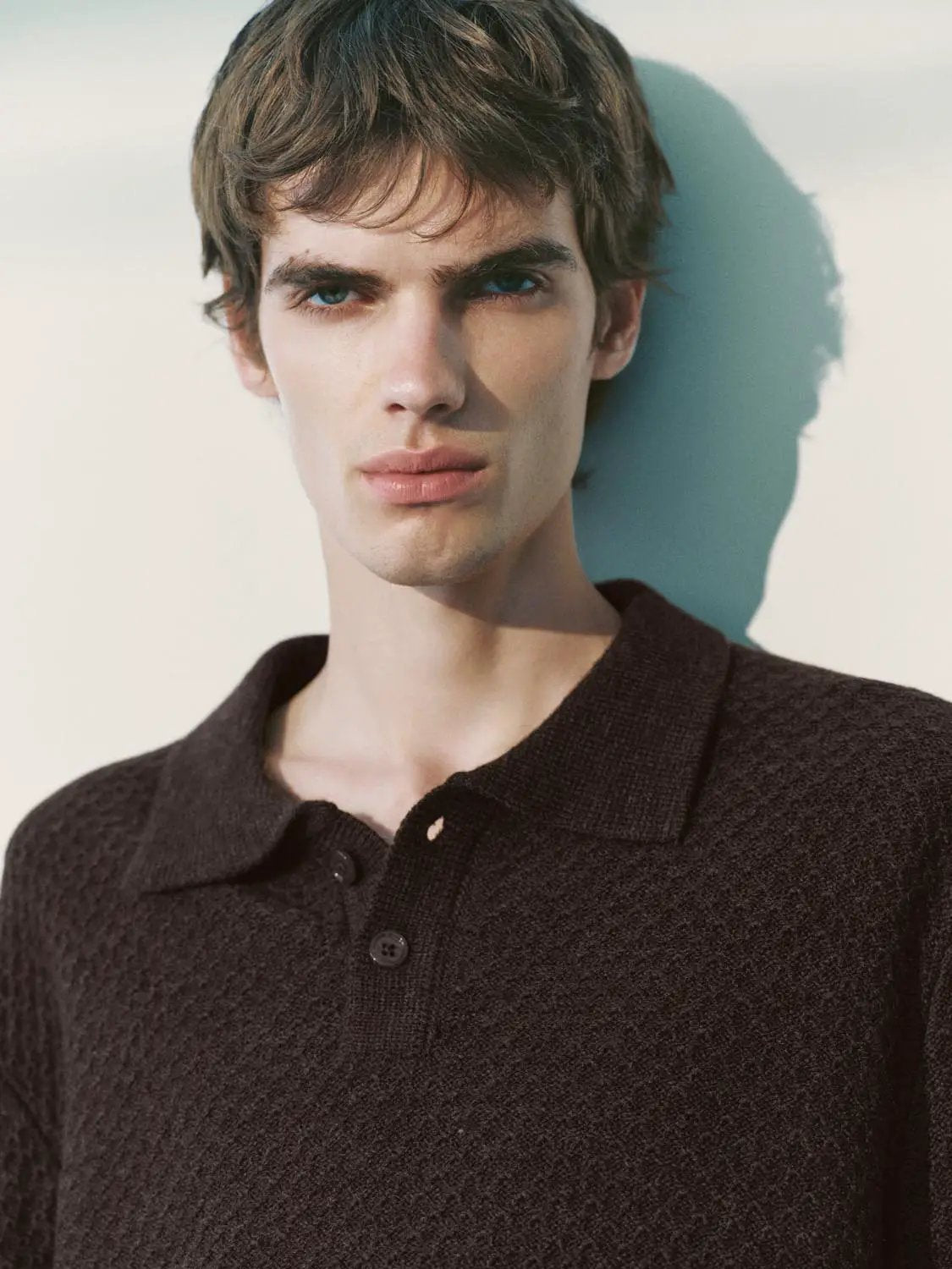 Textured Long Sleeve Polo Collar Knit Sweater