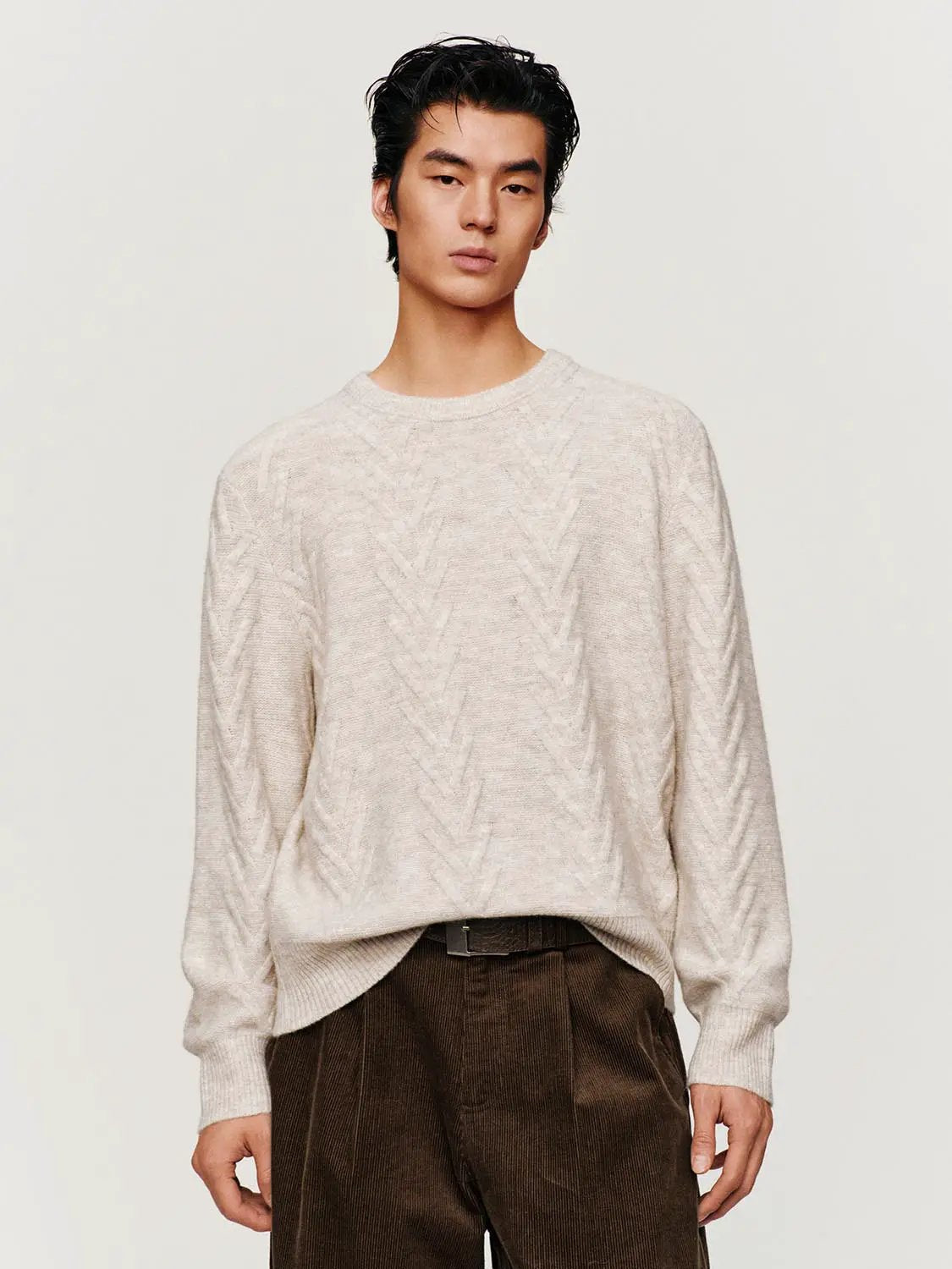 Textured Cable Knit Ribbed Hem Crew Neck Long Sleeve Sweater