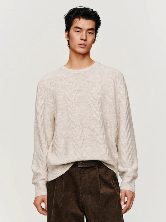 Textured Cable Knit Ribbed Hem Crew Neck Long Sleeve Sweater