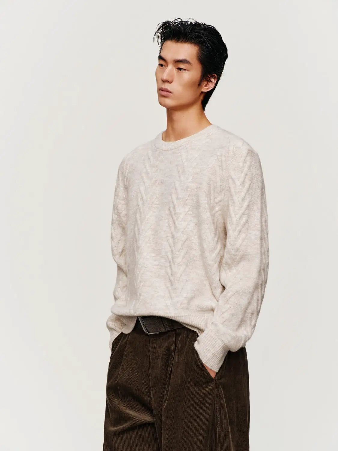 Textured Cable Knit Ribbed Hem Crew Neck Long Sleeve Sweater