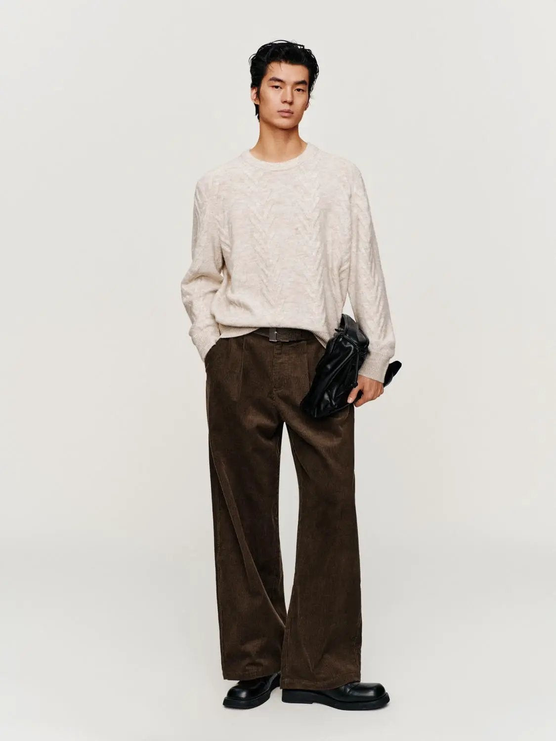 Textured Cable Knit Ribbed Hem Crew Neck Long Sleeve Sweater