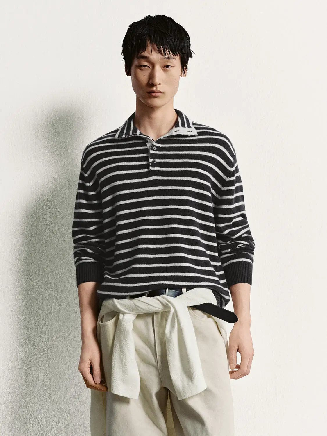 Horizontal Striped Long Sleeve Polo Collar Ribbed Sweater