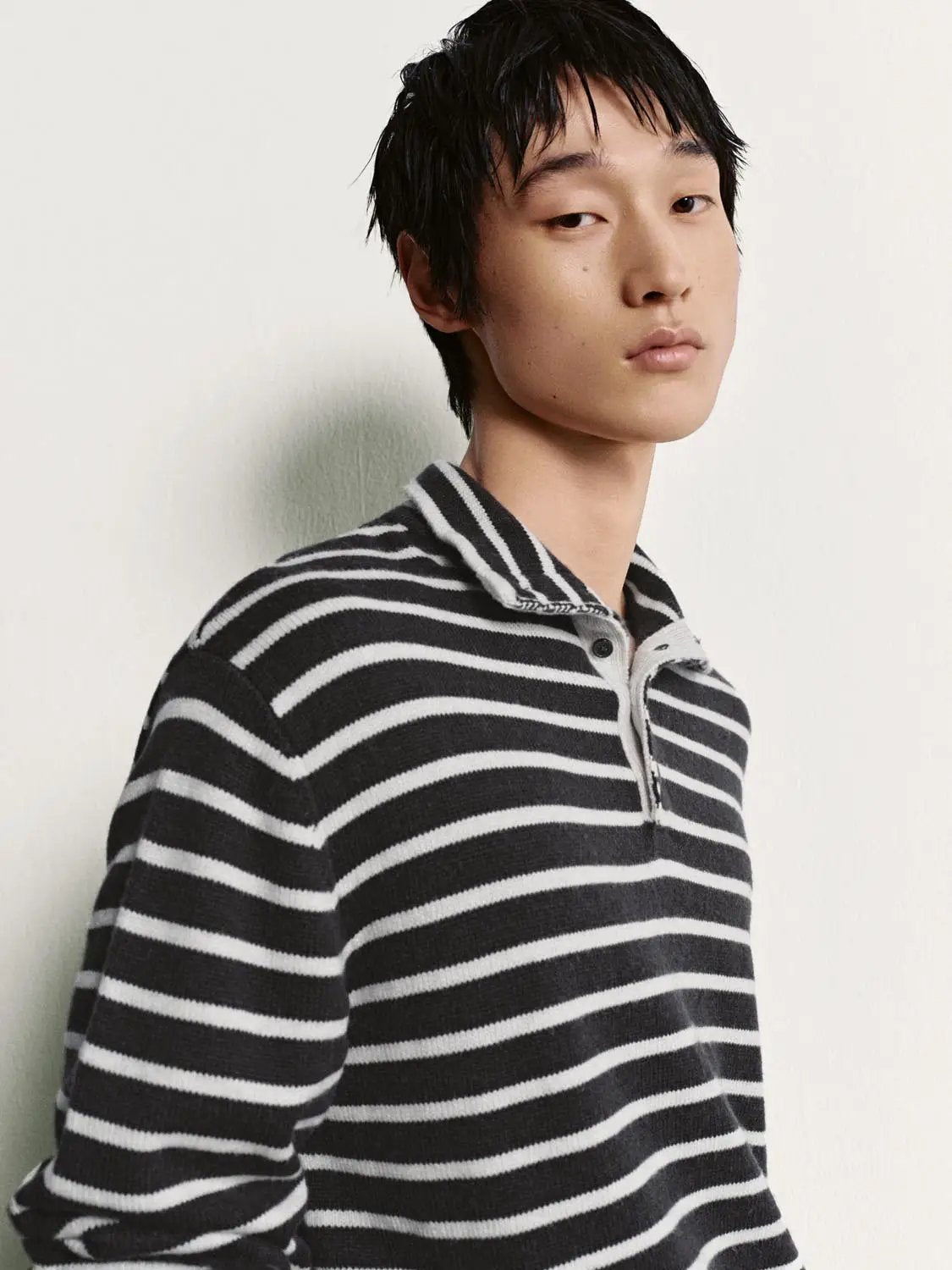 Horizontal Striped Long Sleeve Polo Collar Ribbed Sweater