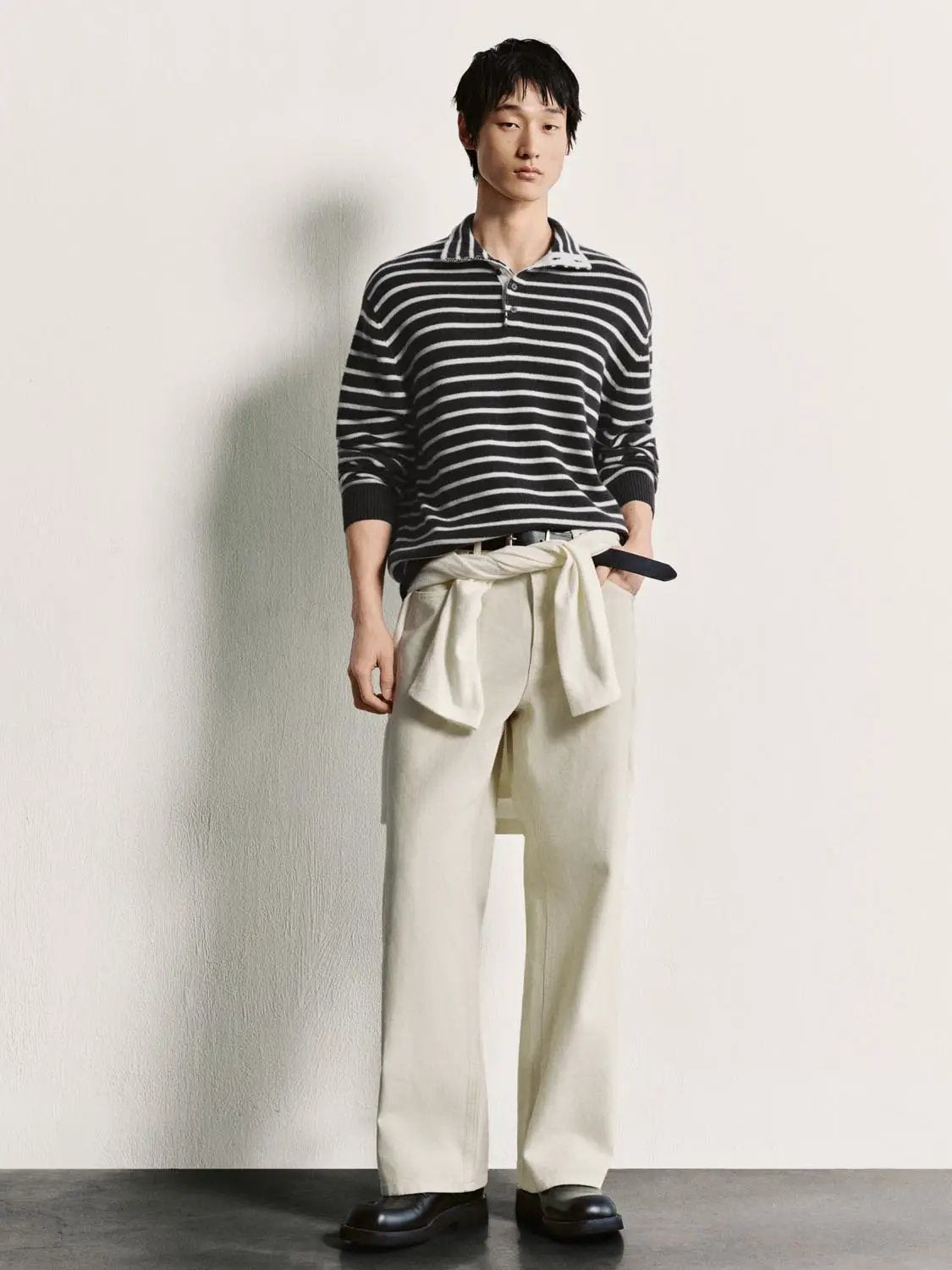 Horizontal Striped Long Sleeve Polo Collar Ribbed Sweater
