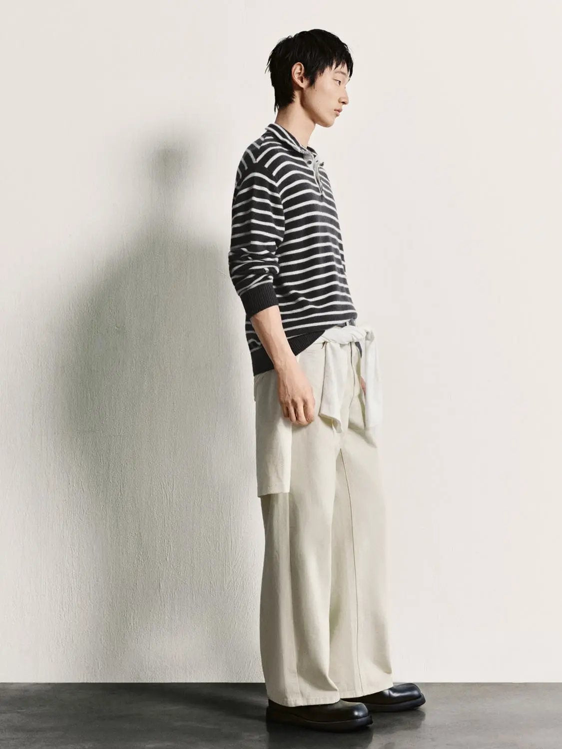 Horizontal Striped Long Sleeve Polo Collar Ribbed Sweater