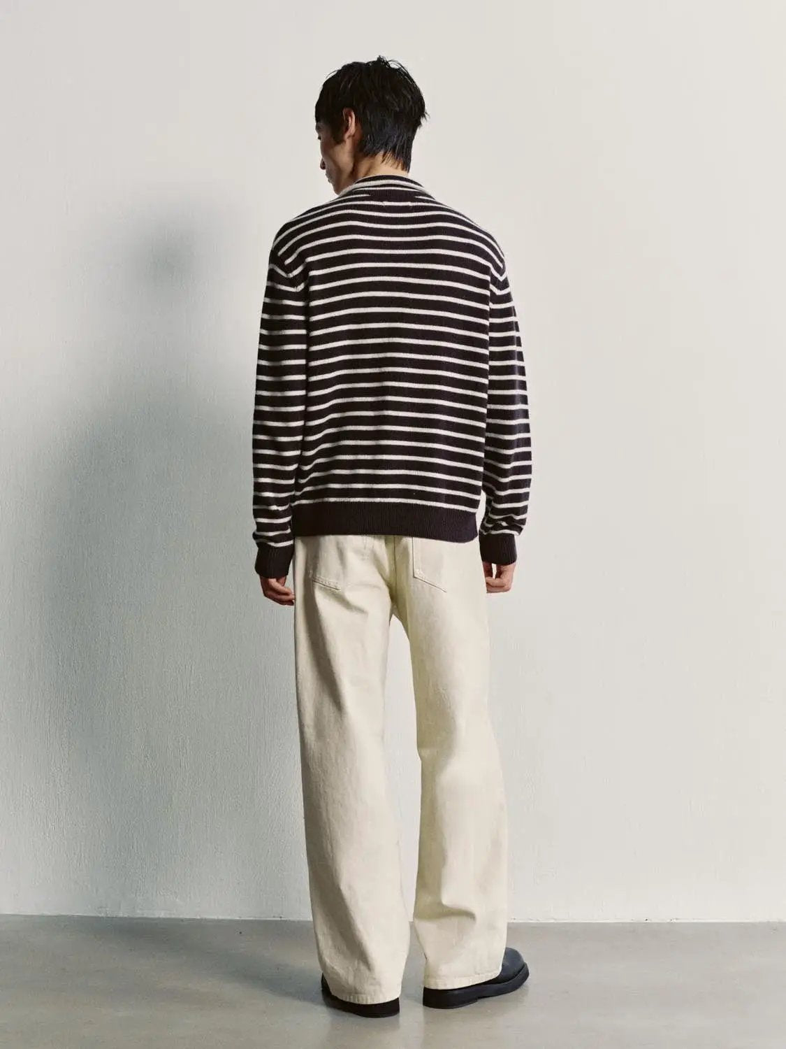 Horizontal Striped Long Sleeve Polo Collar Ribbed Sweater