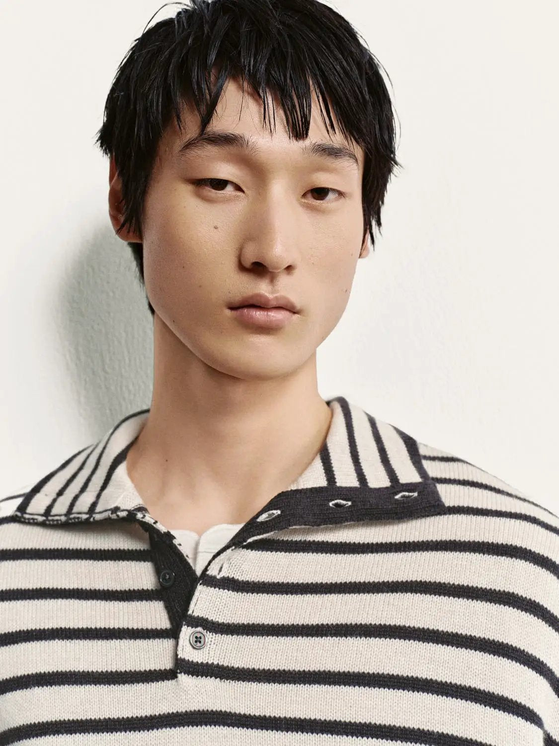 Horizontal Striped Long Sleeve Polo Collar Ribbed Sweater