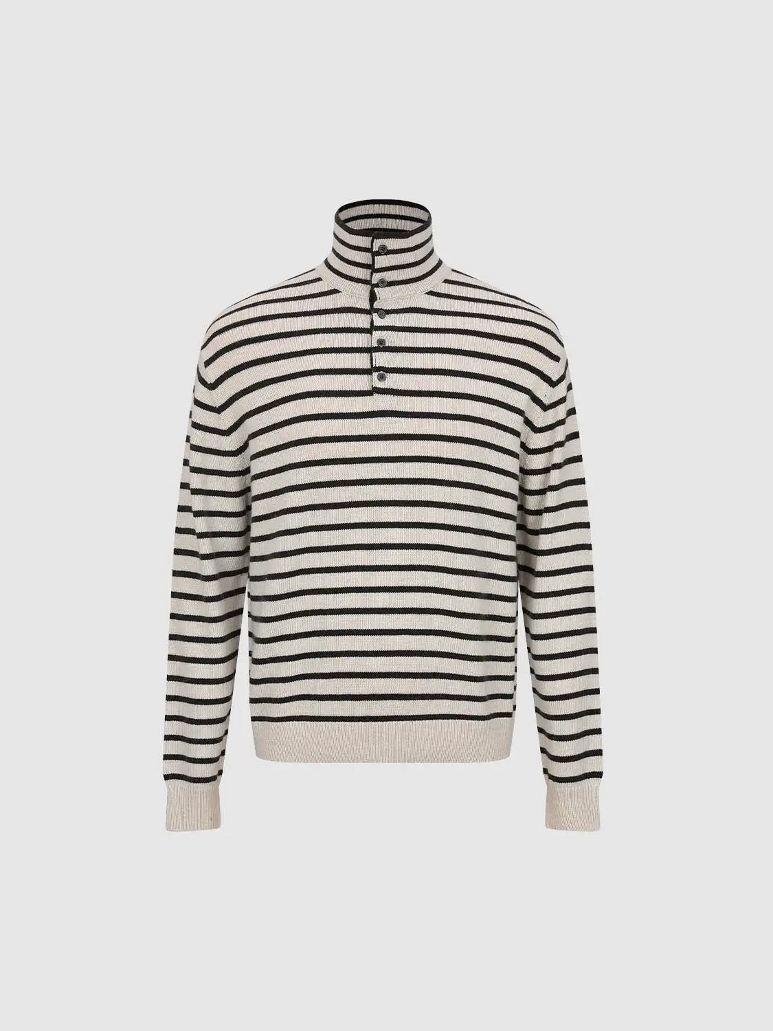 Horizontal Striped Long Sleeve Polo Collar Ribbed Sweater