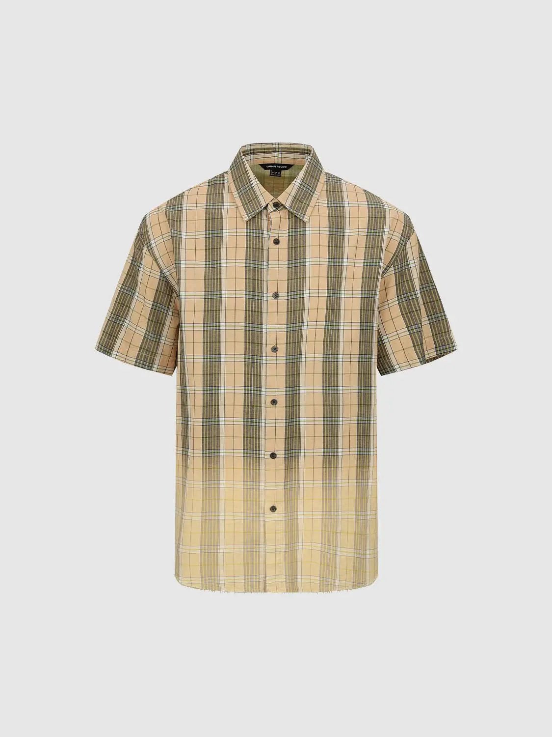 Checked Oversized Shirt Collar Short Sleeve Raw Hem Cotton Shirt