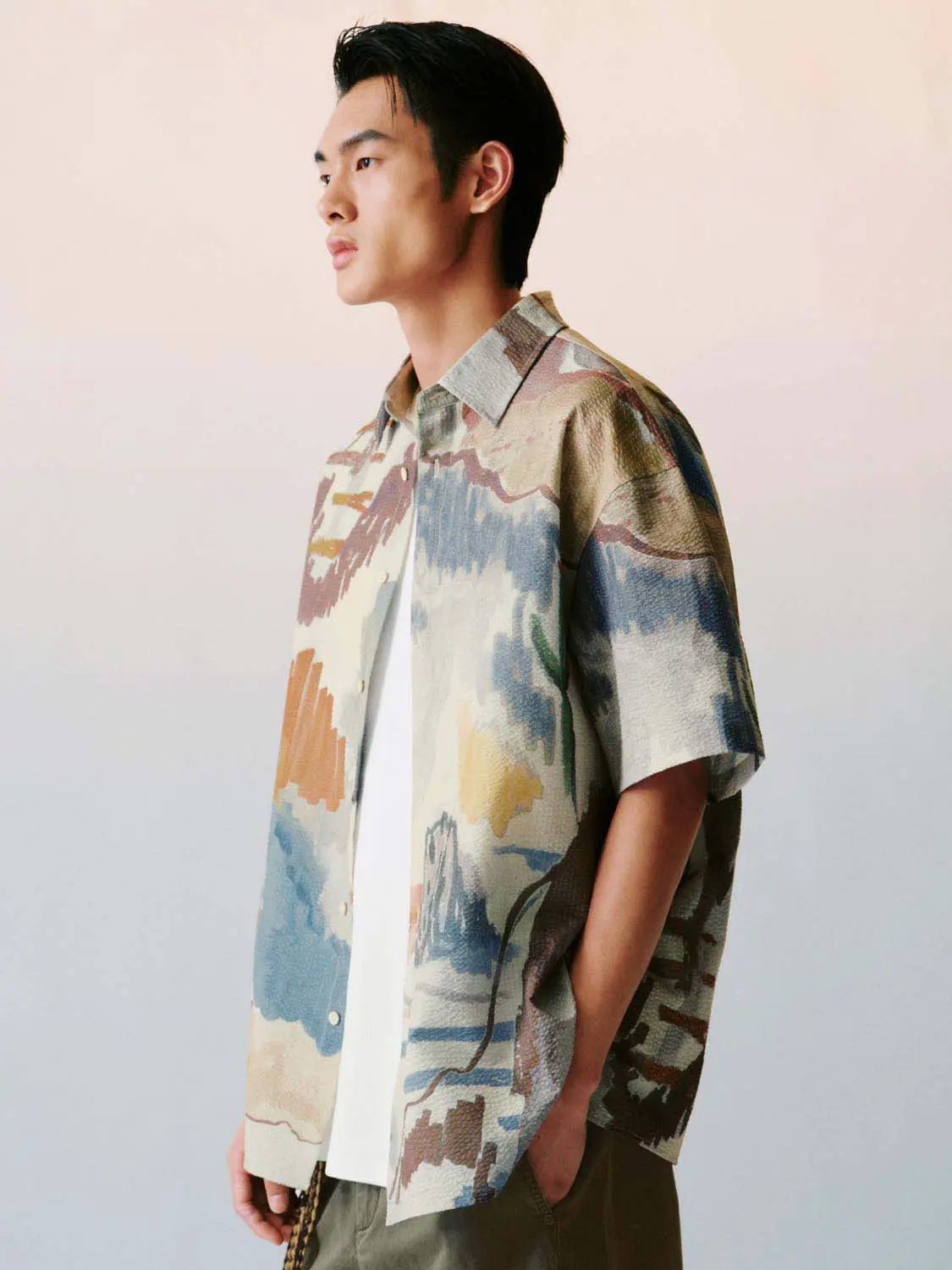 Abstract Landscape Print Short Sleeve Shirt