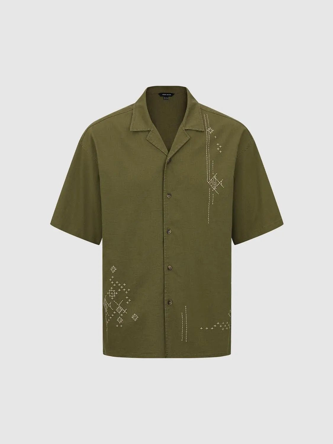 Embroidered Button Front Short Sleeve Linen Blend Shirt