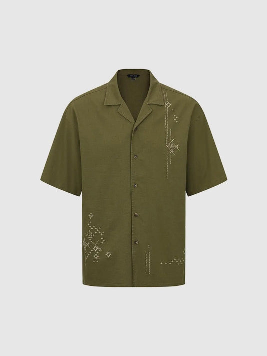 Embroidered Button Front Short Sleeve Linen Blend Shirt
