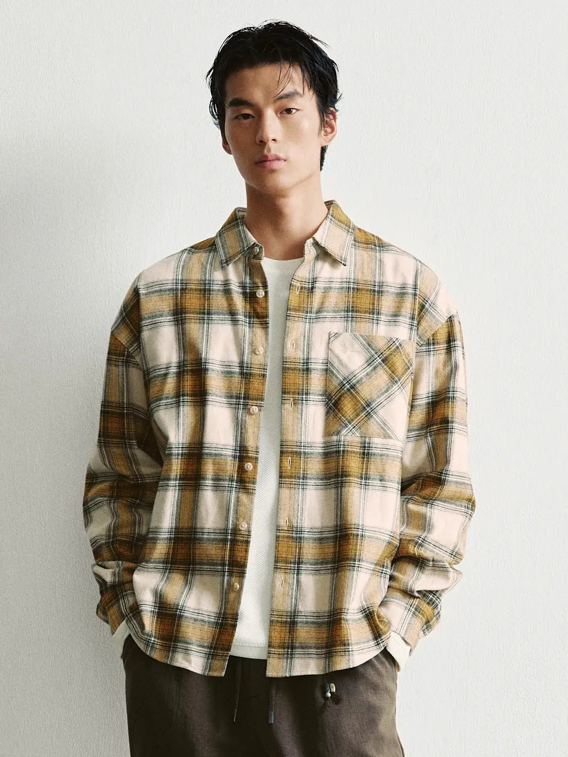 Open Front Checked Boxy Long Sleeve Cotton Collar Shirt