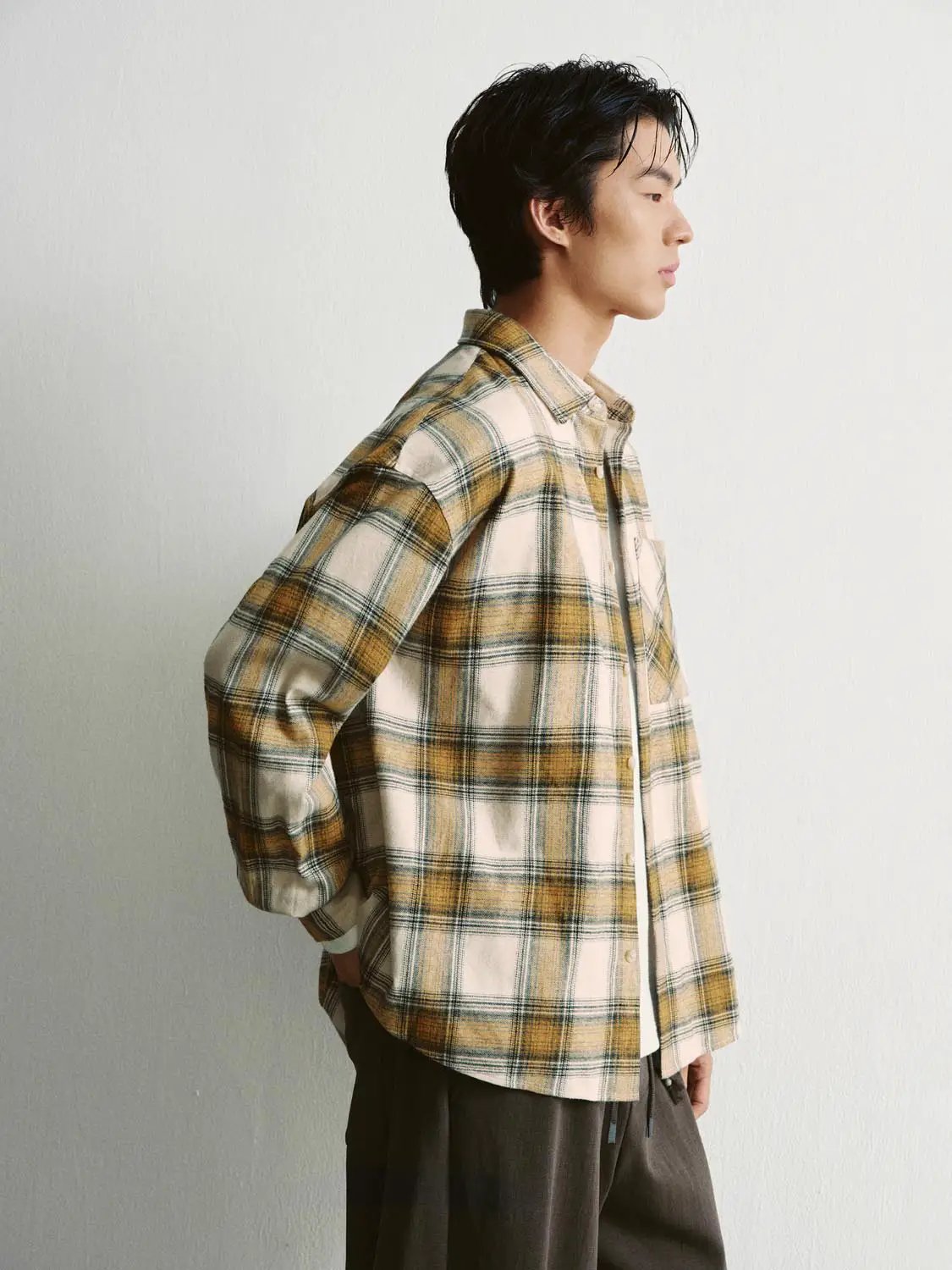 Open Front Checked Boxy Long Sleeve Cotton Collar Shirt