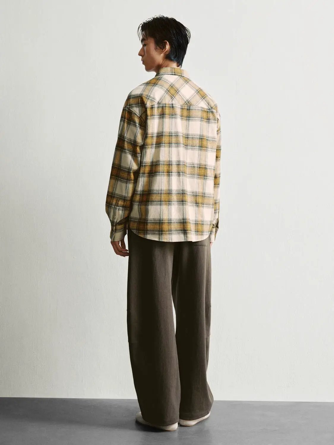 Open Front Checked Boxy Long Sleeve Cotton Collar Shirt