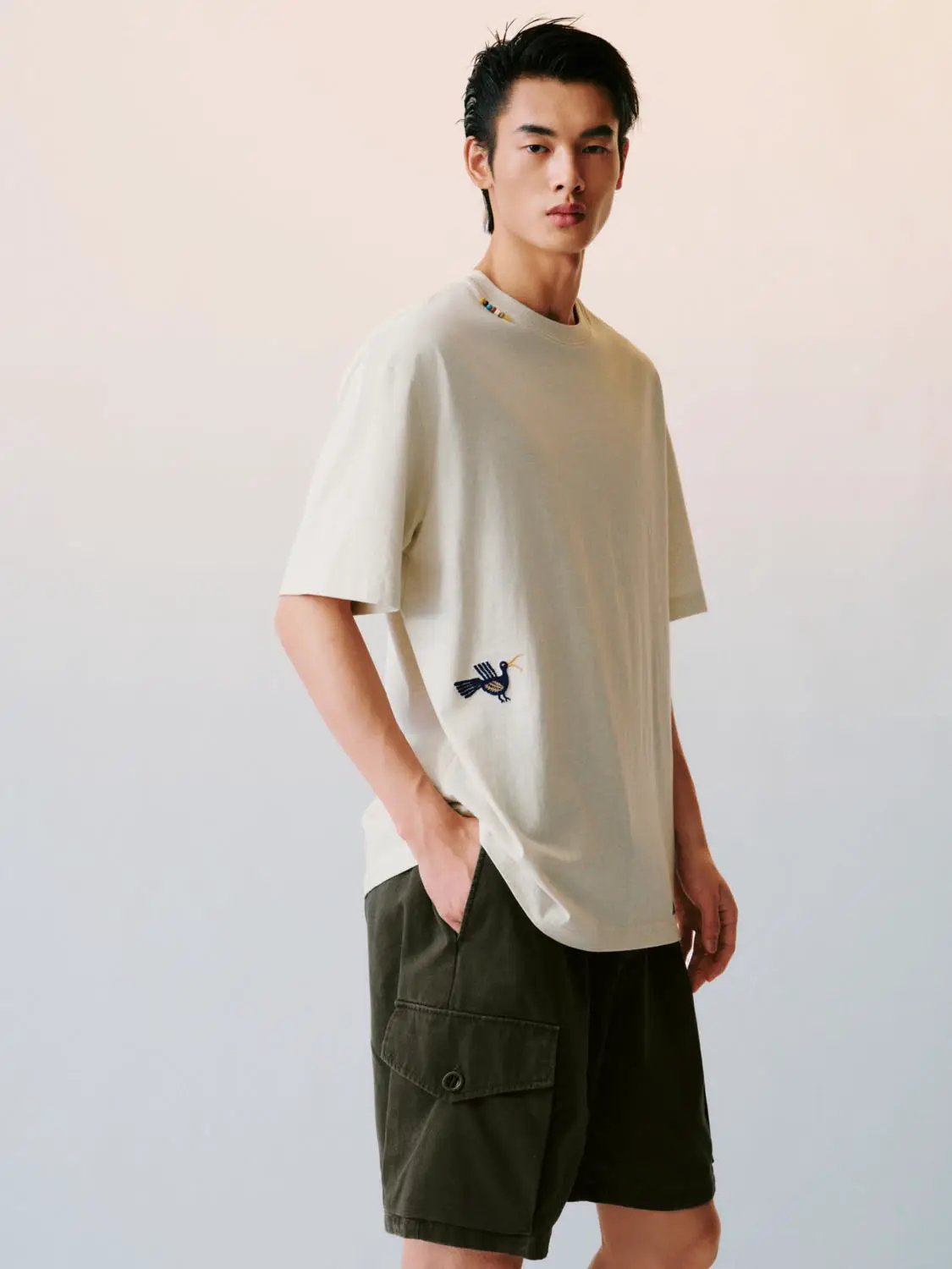 Oversized Crew Neck Cotton Embroidered Hem T-shirt