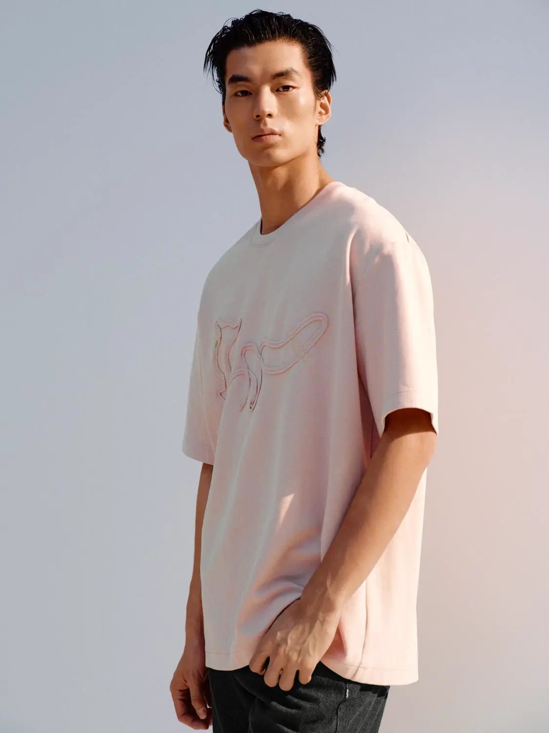 Pastel Pink Embroidered Dog Outline Cotton T-shirt