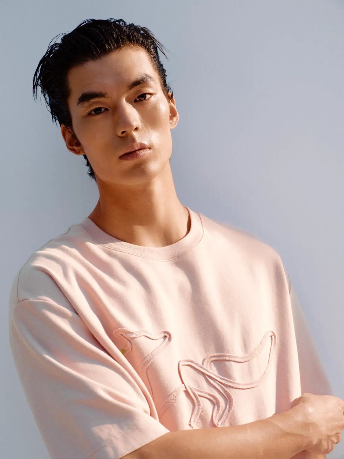 Pastel Pink Embroidered Dog Outline Cotton T-shirt