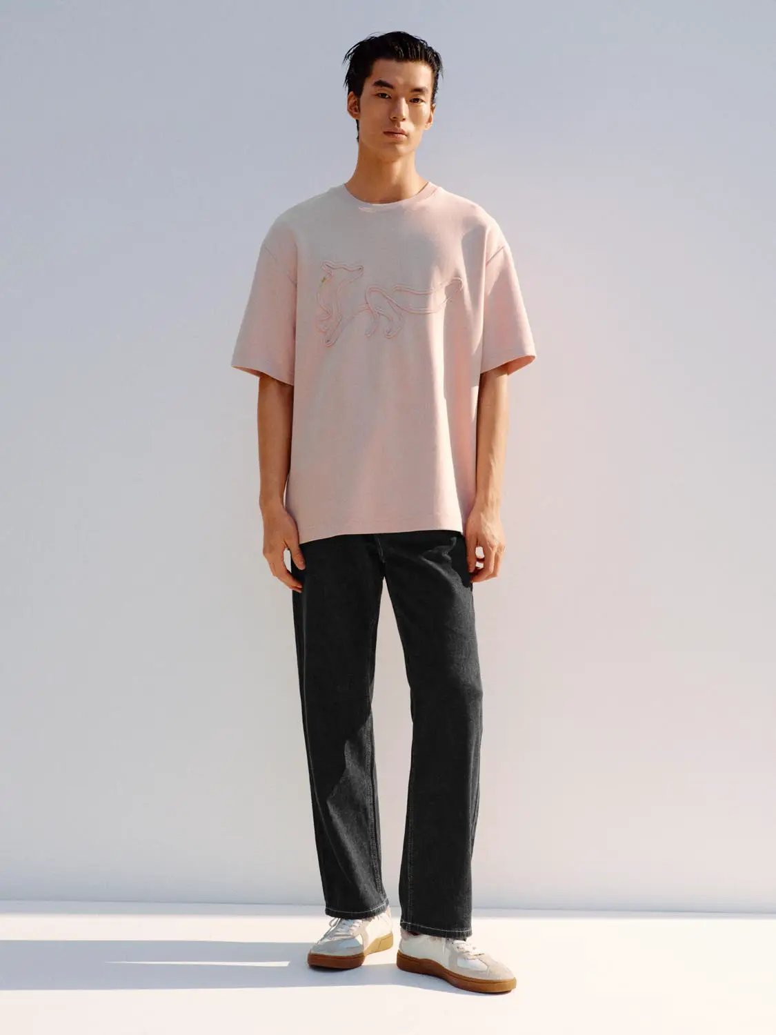 Pastel Pink Embroidered Dog Outline Cotton T-shirt