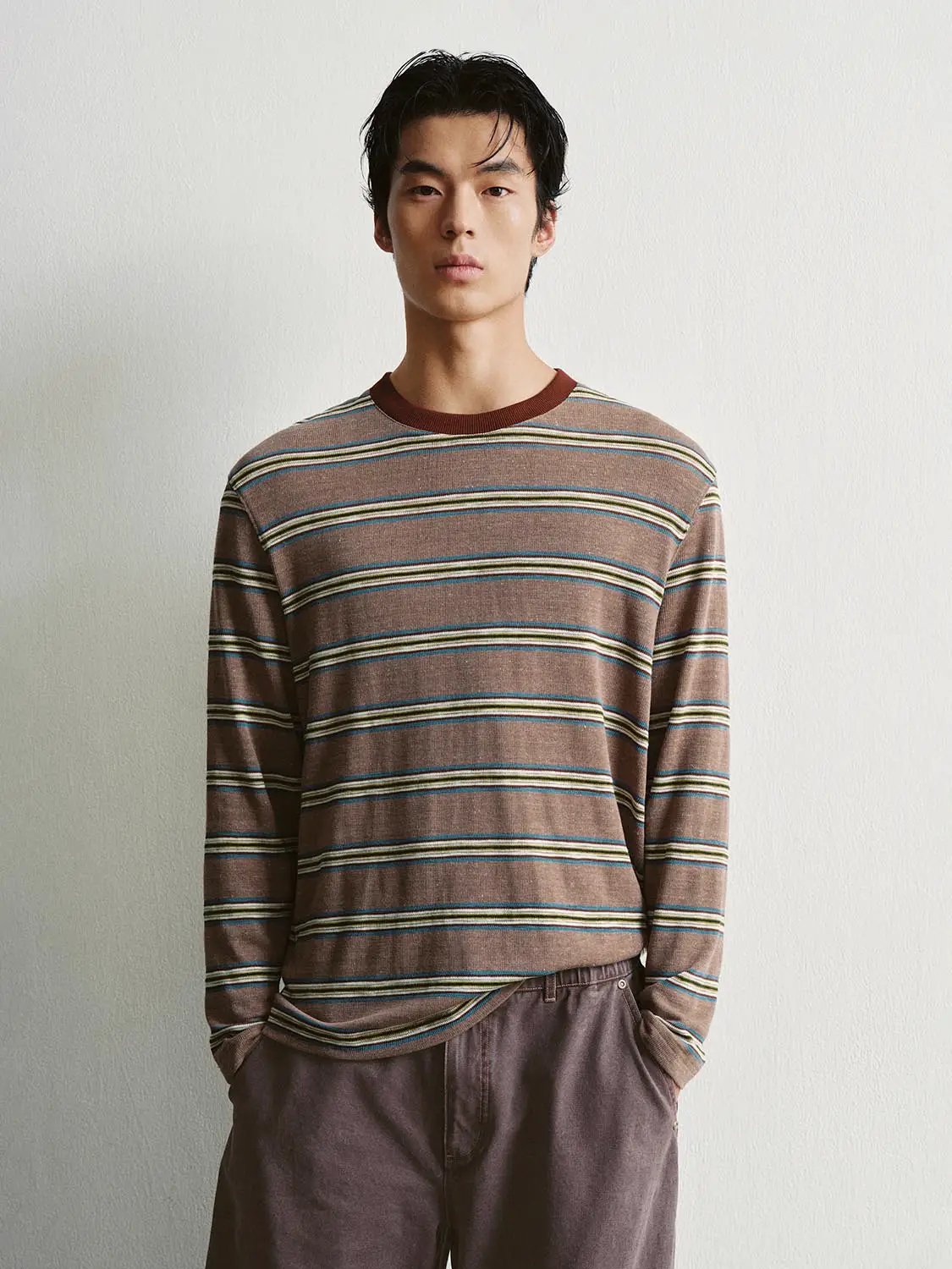 Striped Crew Neck Long Sleeve Cotton Blend T-Shirt