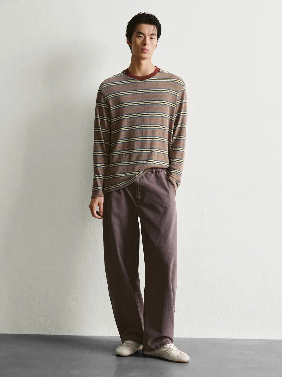Striped Crew Neck Long Sleeve Cotton Blend T-Shirt