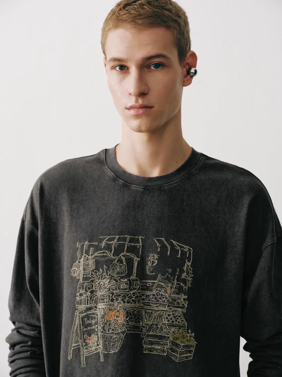 Washed Embroidered Graphic Long Sleeve Cotton T-Shirt