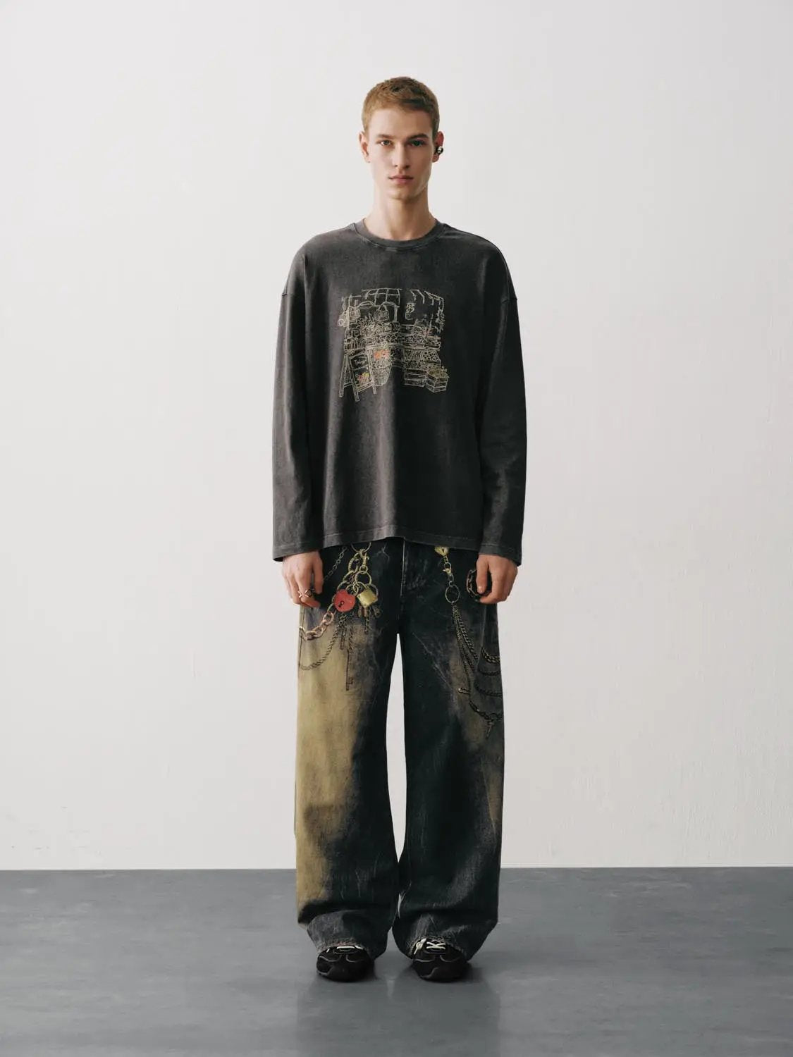 Washed Embroidered Graphic Long Sleeve Cotton T-Shirt