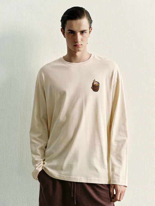 Embroidered Crew Neck Long Sleeve Cotton T-Shirt