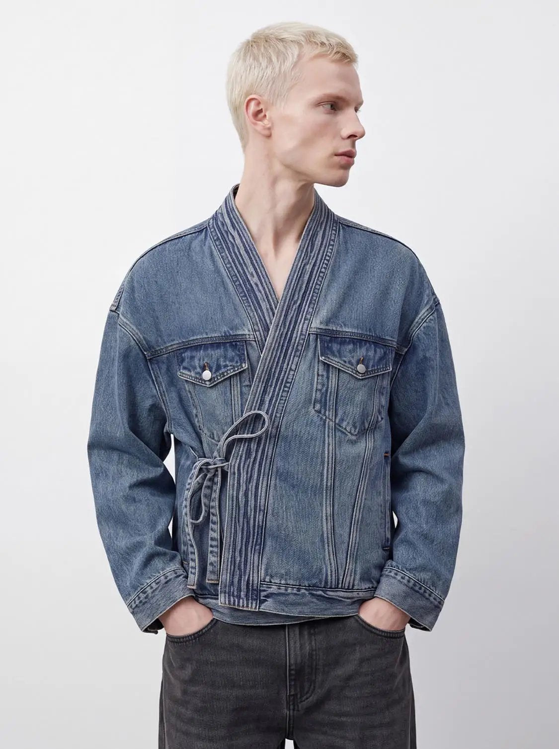 Wrap Tie Waist Textured Oversized Denim Jacket