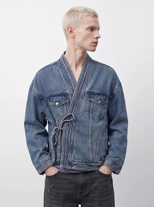 Wrap Tie Waist Textured Oversized Denim Jacket