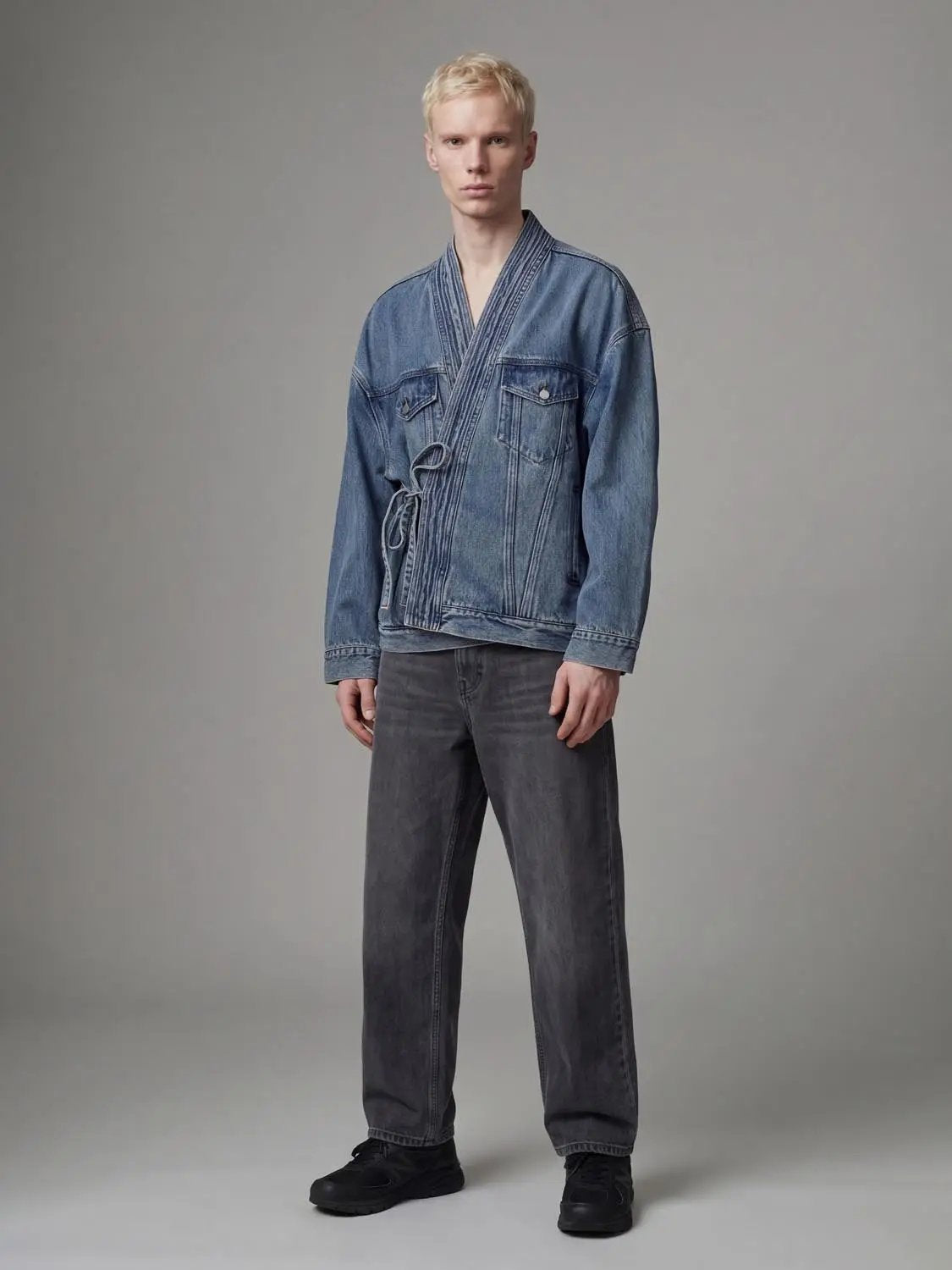 Wrap Tie Waist Textured Oversized Denim Jacket