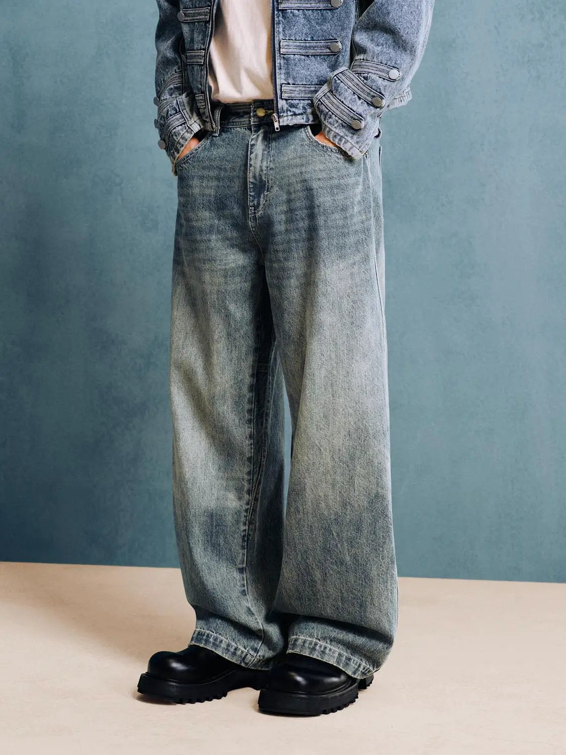 Faded Wide-leg Mid-rise Cotton Blend Jeans