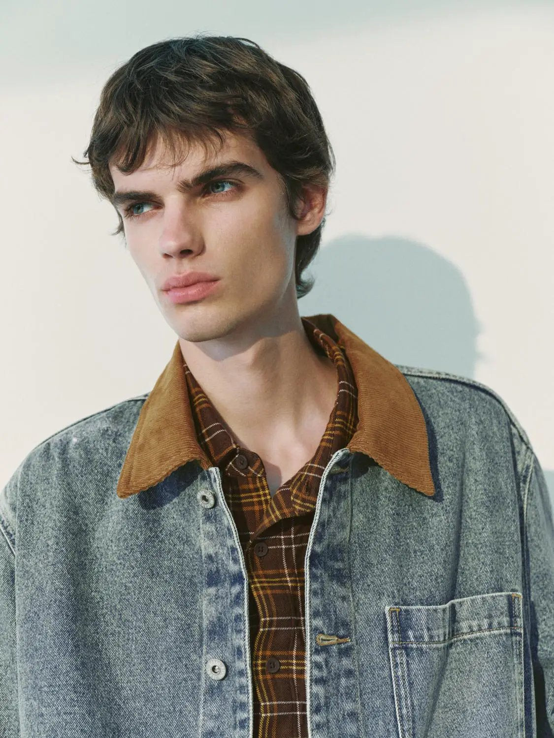 Button Front Faded Corduroy Collar Cotton Denim Jacket