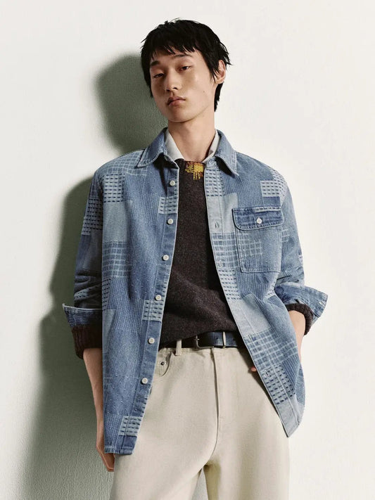 Patchwork Curved Hem Shirt Collar Long Sleeve Denim Shirt