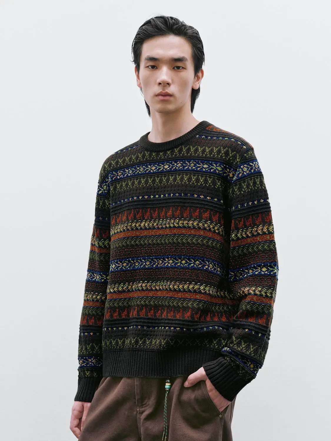 Crew Neck Striped Intarsia Knit Long Sleeve Sweater